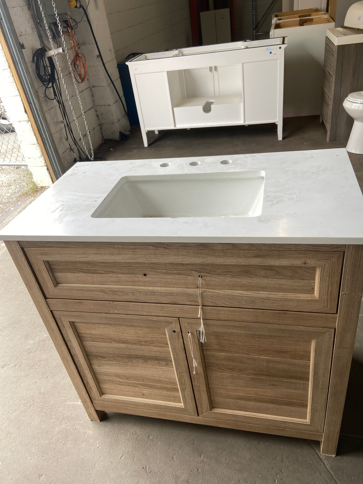 Doveton 36 in. W x 19 in. D x 34.50 in. H Freestanding Vanity in Weathered Tan with White Engineered Stone Top