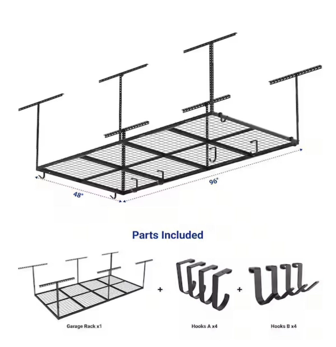 OHK Series 48 in. W x 96 in. D x 22-40 in. H Ceiling Mounted Overhead Garage Storage Rack with Accessory Hooks in Black