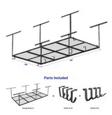OHK Series 48 in. W x 96 in. D x 22-40 in. H Ceiling Mounted Overhead Garage Storage Rack with Accessory Hooks in Black