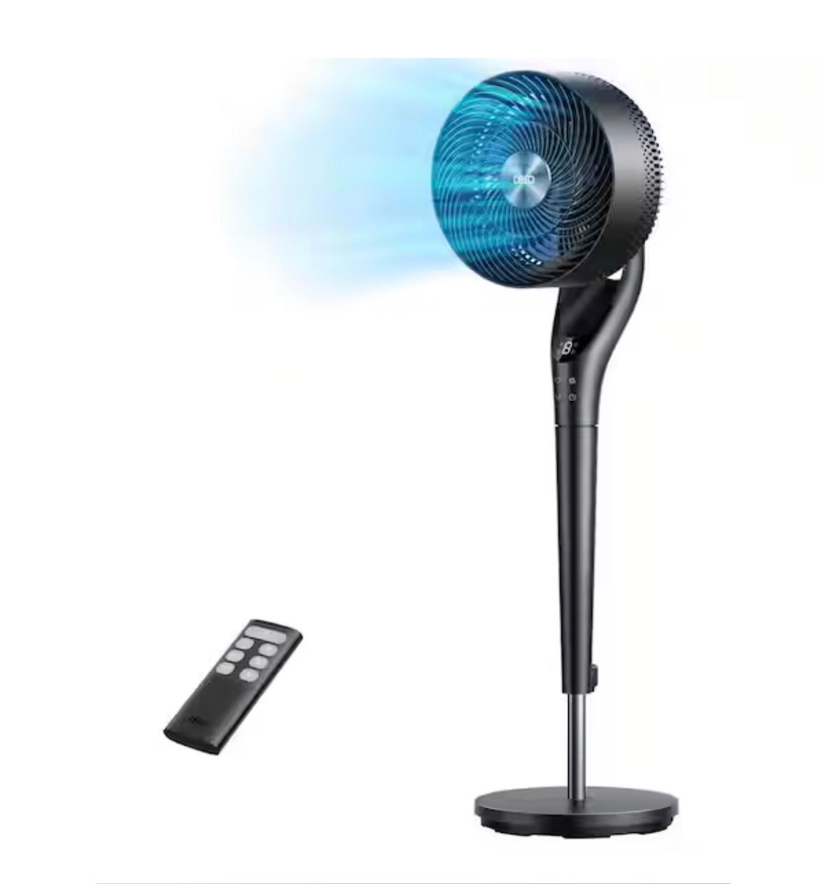 TurboPoly Fan 9 in. 9-Fan Speeds Pedestal Fan in Black with Exclusive Blue Blade, Remote and 2D 120Â° Oscillation