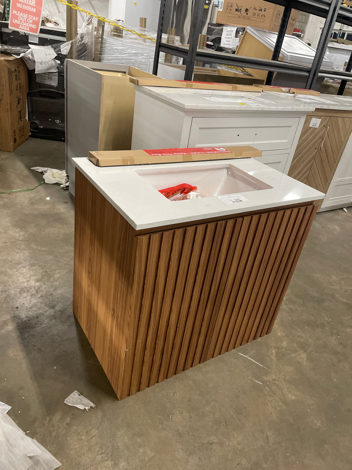 Precine 31 in. Single Sink Natural Teak Bath Vanity with White Engineered Stone Top(Assembled)