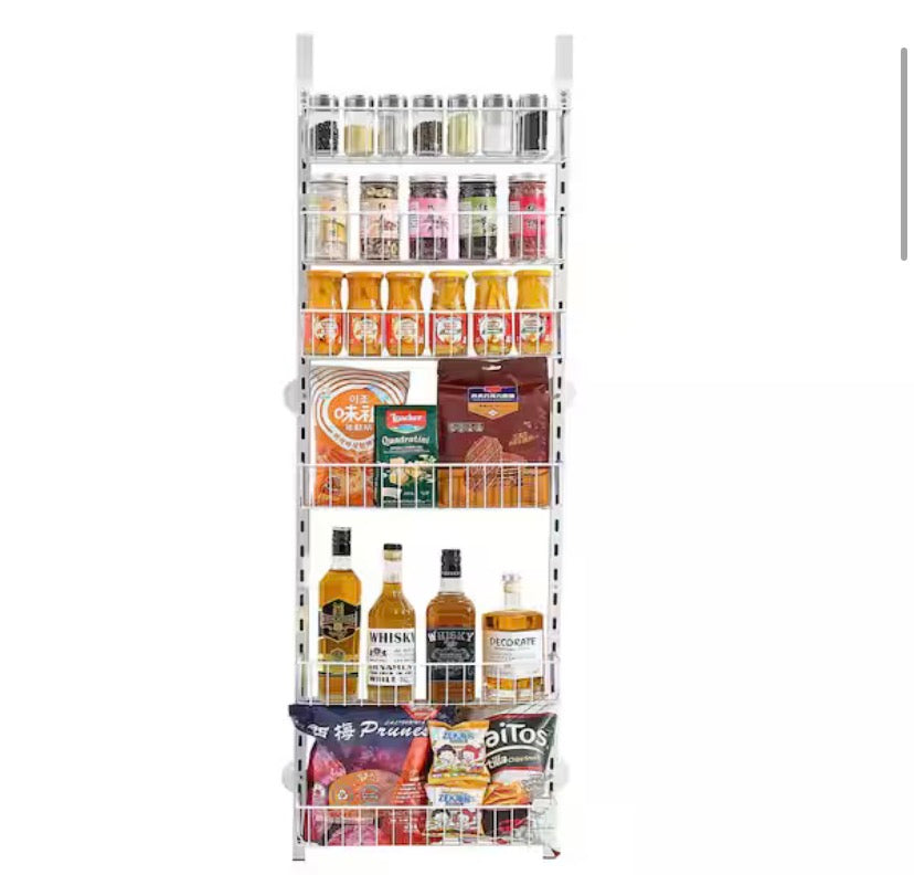 6-Tier Over the Door Pantry Organizer, Heavy-Duty Steel Hanging Spice Rack, Adjustable Storage Shelves for Kitchen White