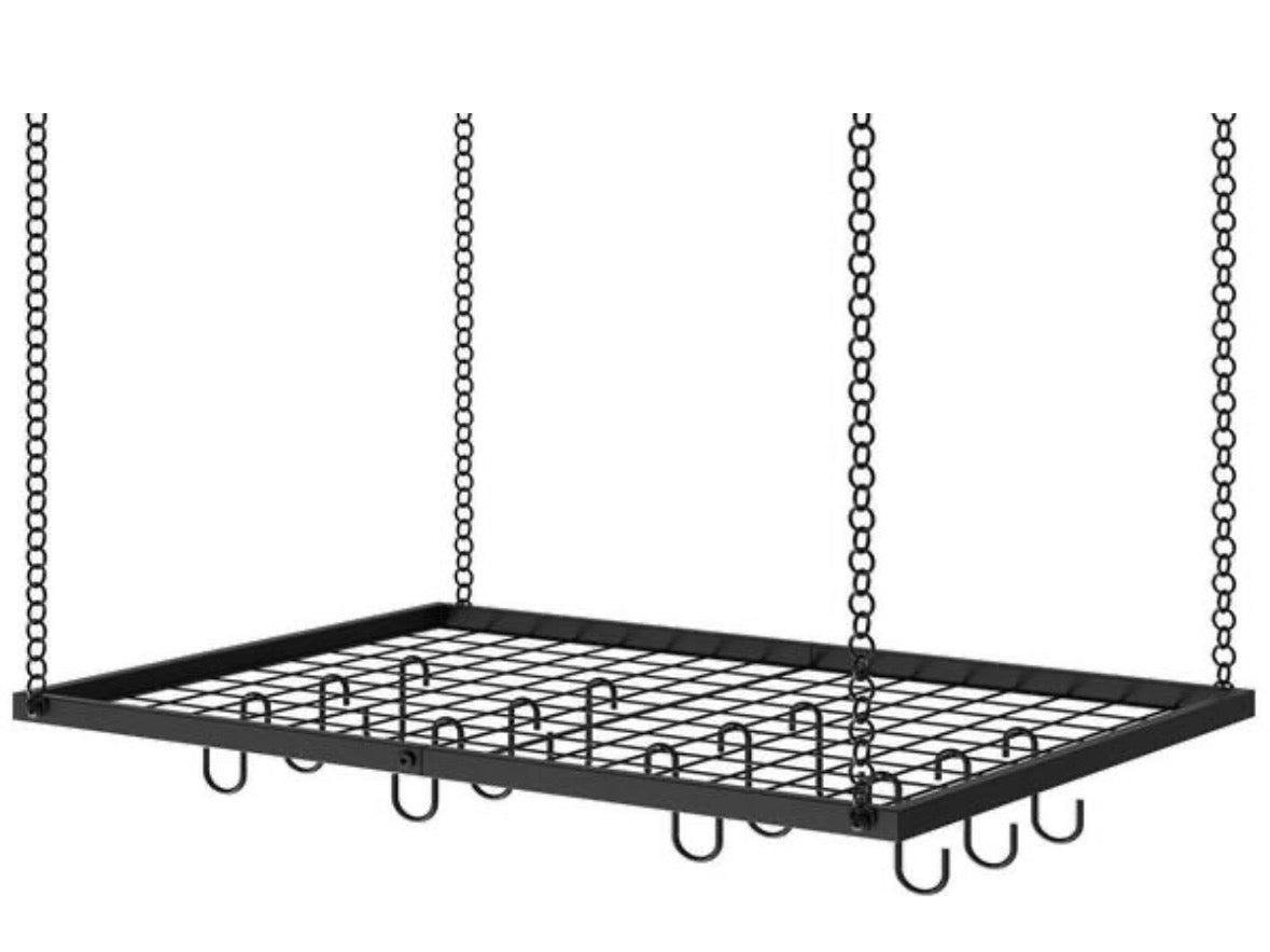 23.7 in. L x 15.7 in. W x 0.8 in. H Black Metal Hanging Pot Rack with 12 Hooks, Ceiling Mounted Pot Hanger for Kitchen