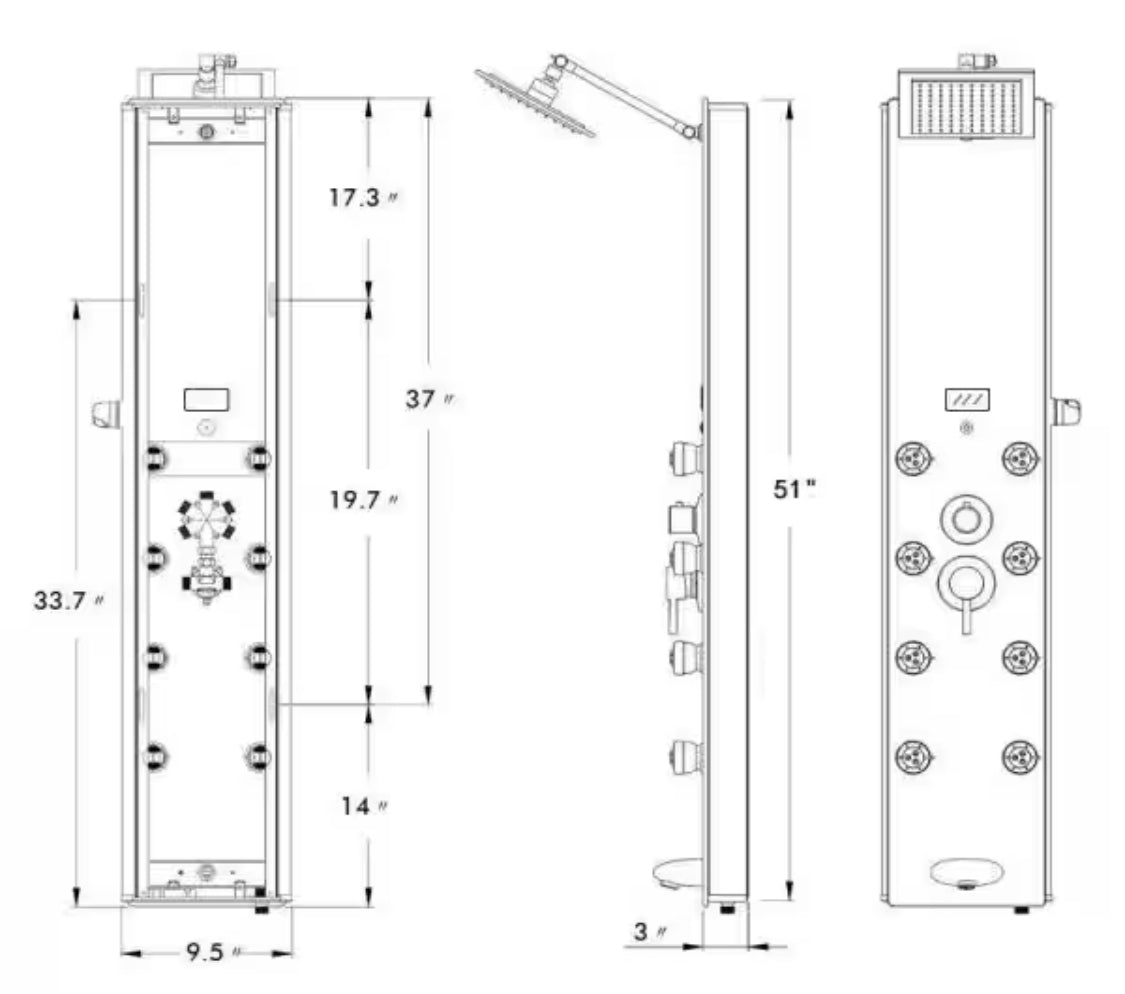 52 in. 8-Jet Shower Panel System in Mirror Silver Tempered Glass with Rainfall Shower Head LED Display Handshower