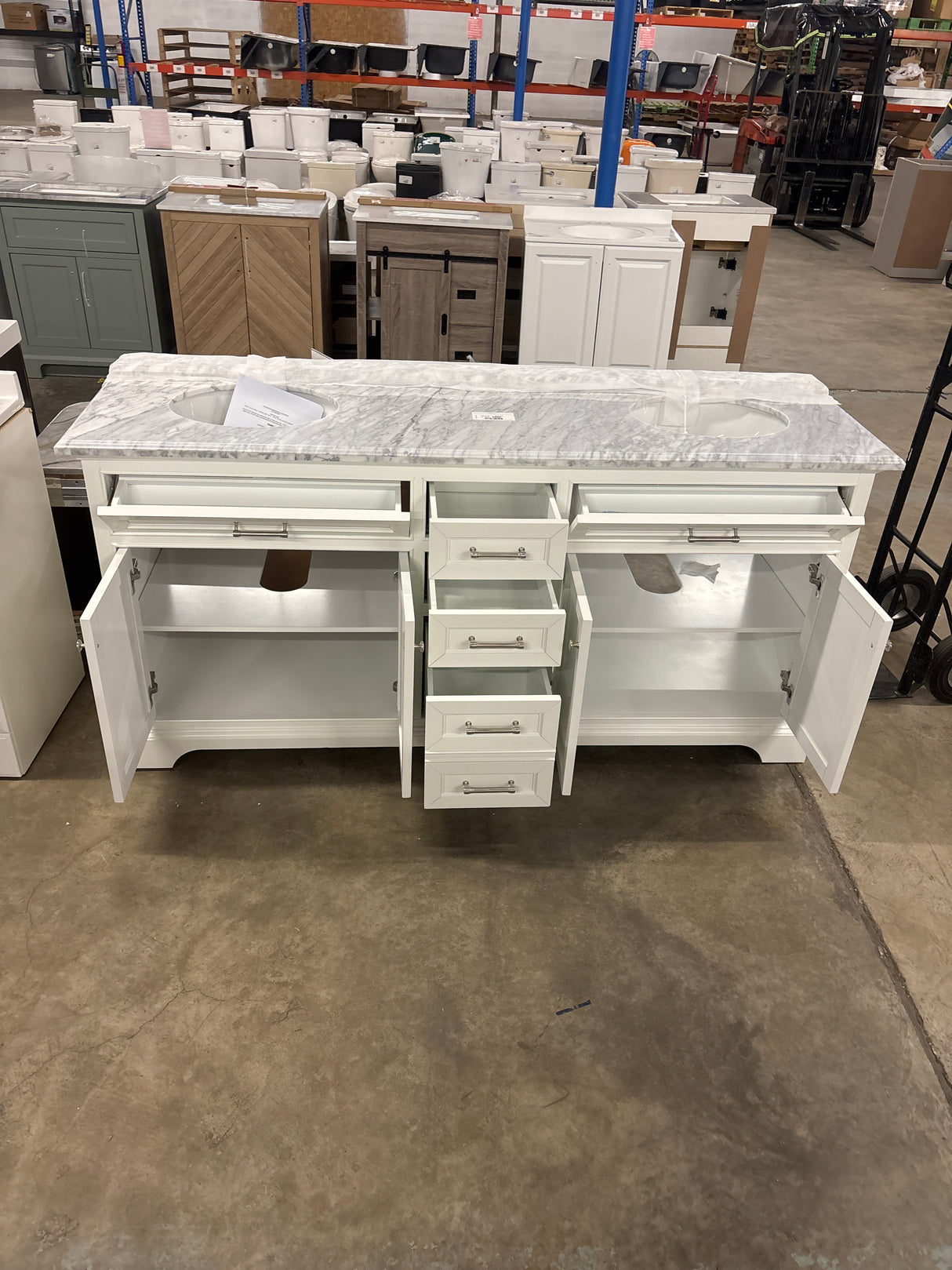 Windlowe 73 in. W x 22 in. D x 35 in. H Bath Vanity in White with Carrara Marble Vanity Top in White with White Sink