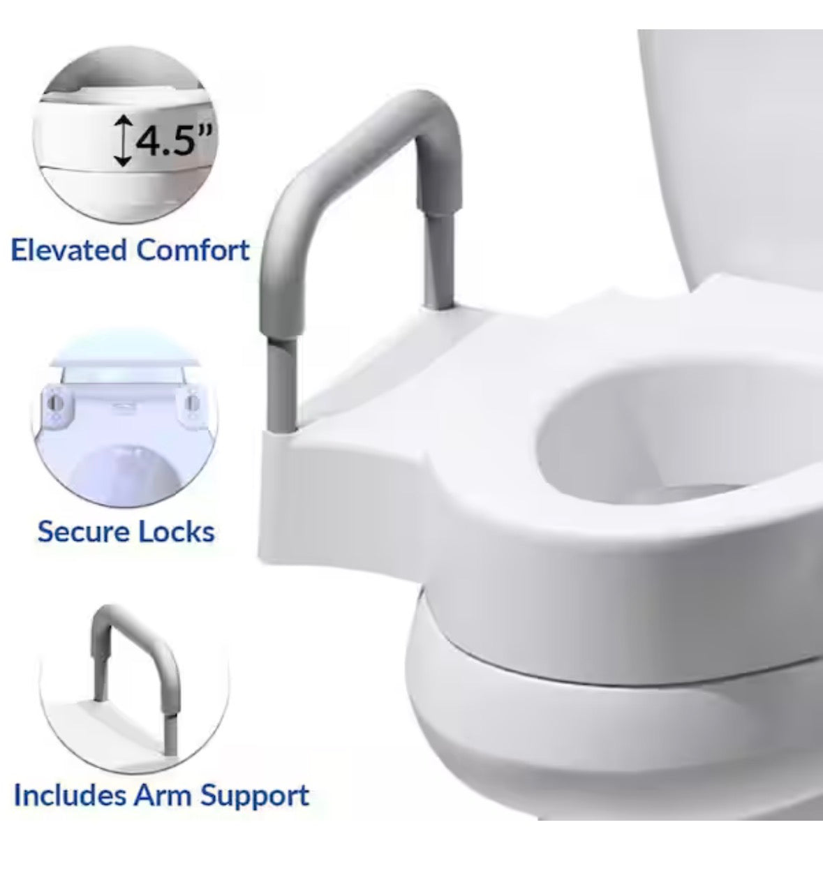 Round/Elongated Rise with Support Arms Raised 4.5" Toilet Seat in White