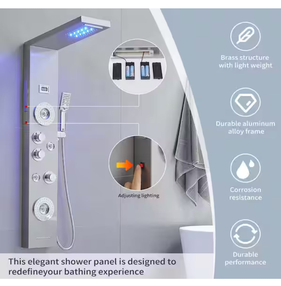 4-Jet Rainfall Shower Tower Shower Panel System with Rainfall Shower Head Shower Wand With LED light in Chrome Nickel