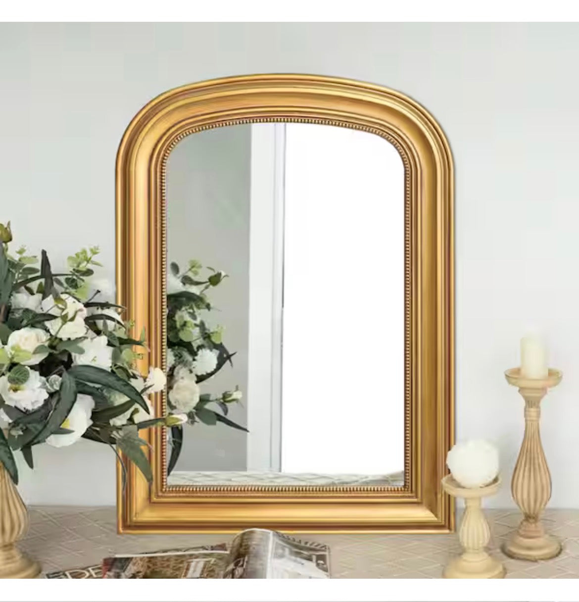 23.6 in. W x 33.5 in. H Baroque Antique Brass Vintage Wooden Frame Arched Wall Mirror