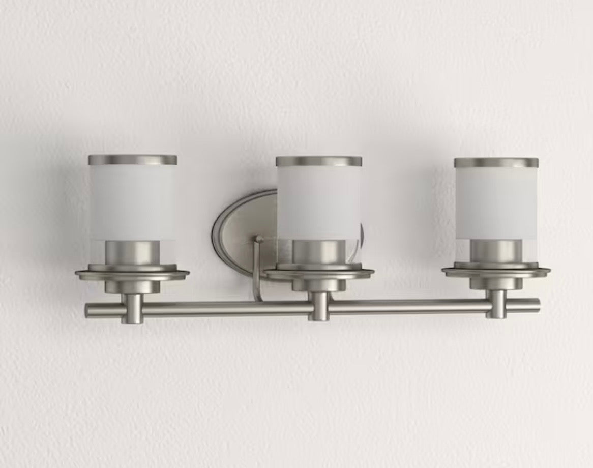 Truitt 23.25 in. 3-Light Brushed Nickel Modern Transitional Vanity with Frosted and Clear Edge Glass Shades