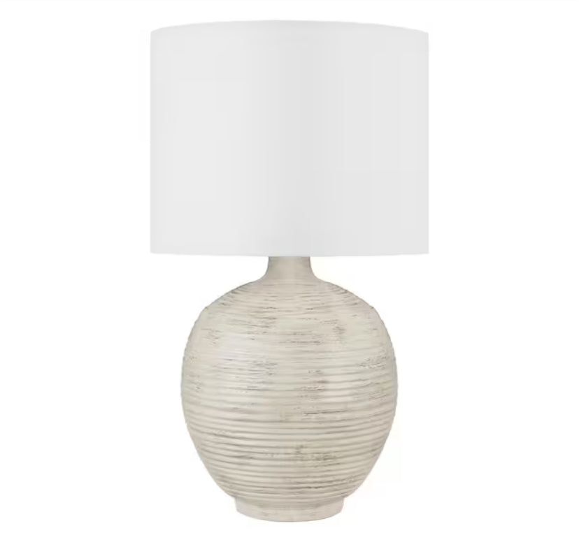 Finch 22 in. Distressed White Ribbed Table Lamp with White Linen Shade