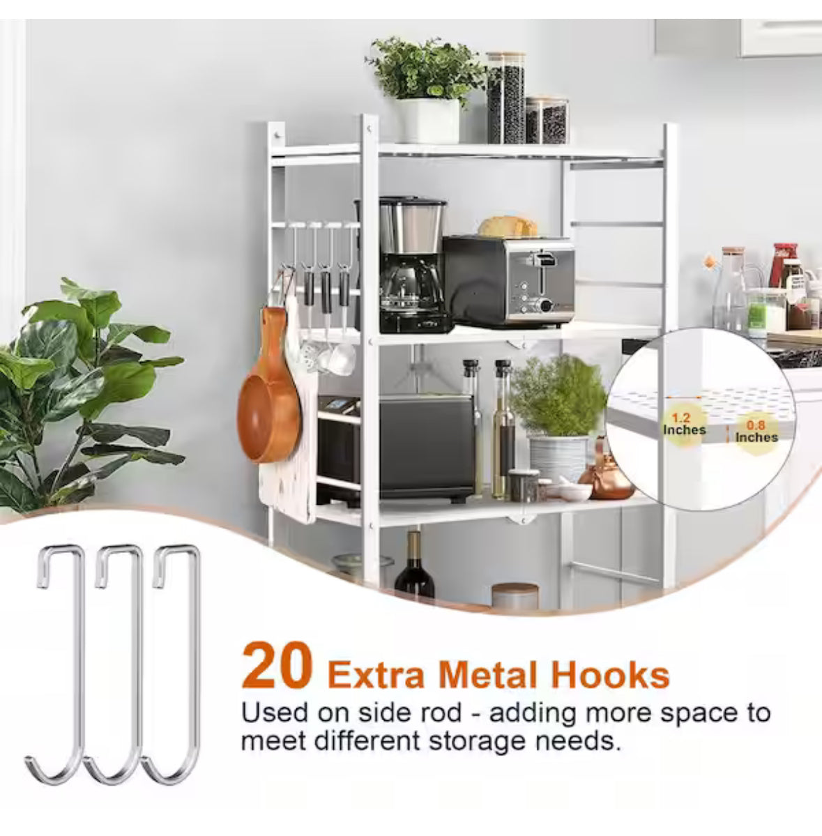 4-Tier Collapsible Storage Shelves Folding Pantry Shelves Wire Shelving in White with 20-Hooks for Garage Kitchen Room