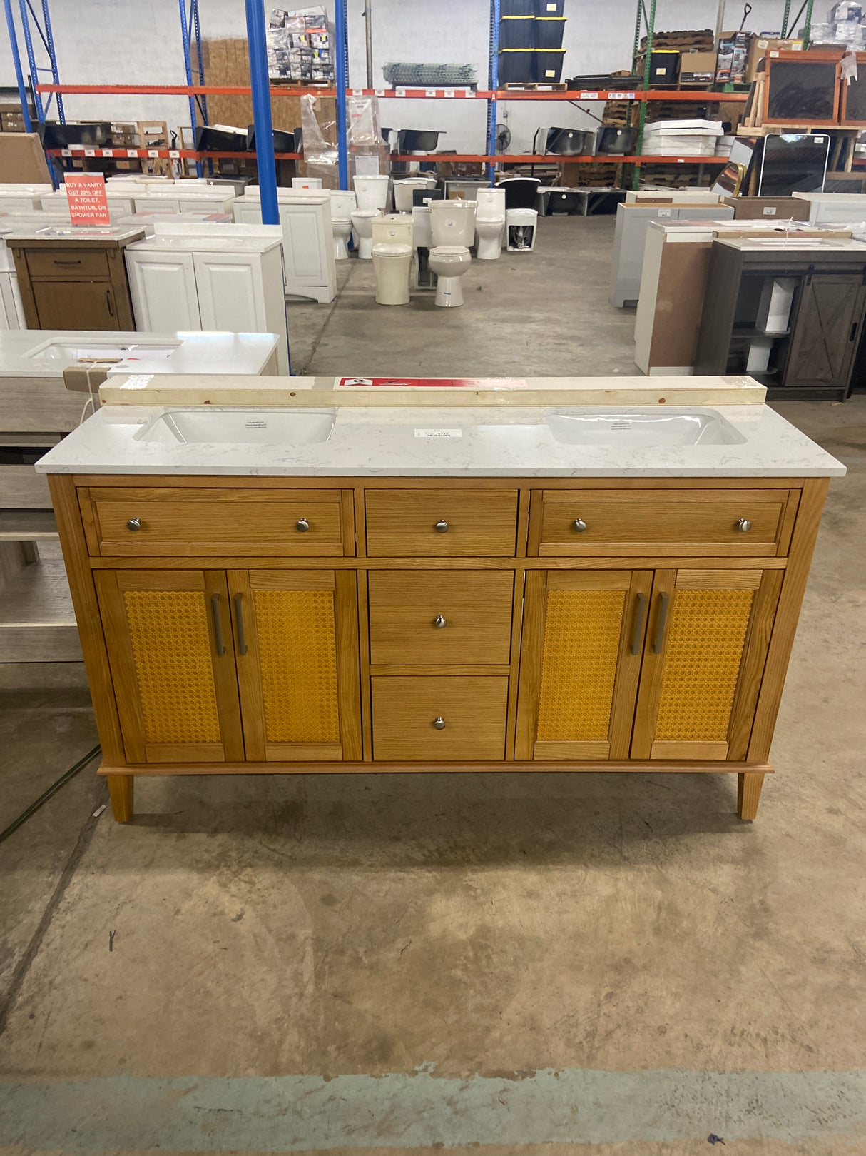 Moresly 60 in. Double Sink Natural Oak Bath Vanity with White Engineered Stone Top (Assembled)