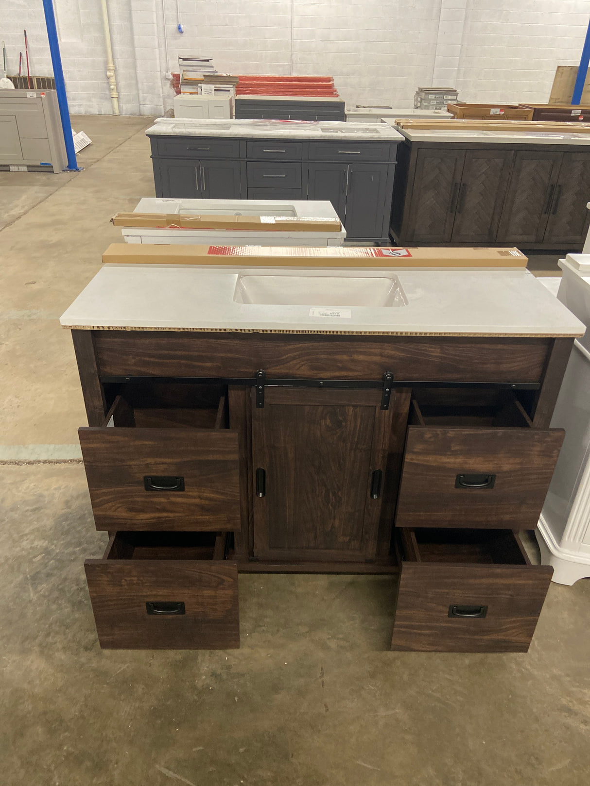 Brindley 48 in. W x 20 in. D x 34.5 in. H Barn Door Bath Vanity in Dark Walnut with Engineered Stone Top