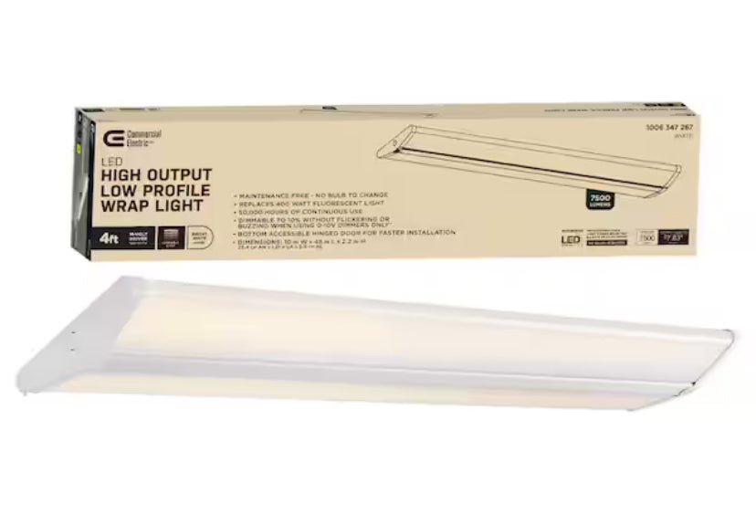 4 ft. 7500 Lumens LED Wraparound Light Garage Light Shop Light Office 120-277v 4000K Bright White 0 to 10 Volt Dimmable