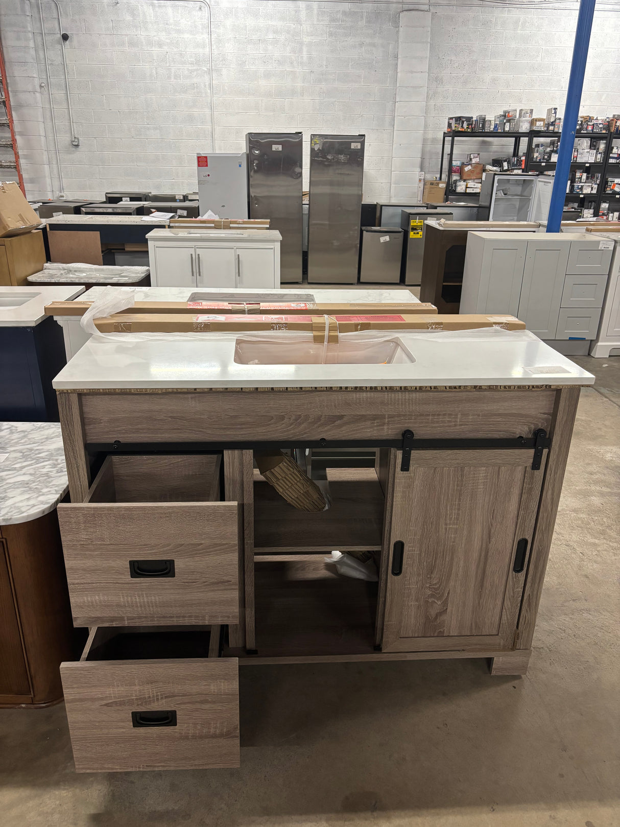Brindley 48 in. W x 20 in. D x 34.5 in. H Barn Door Bath Vanity in Weathered Gray with Engineered Stone Top