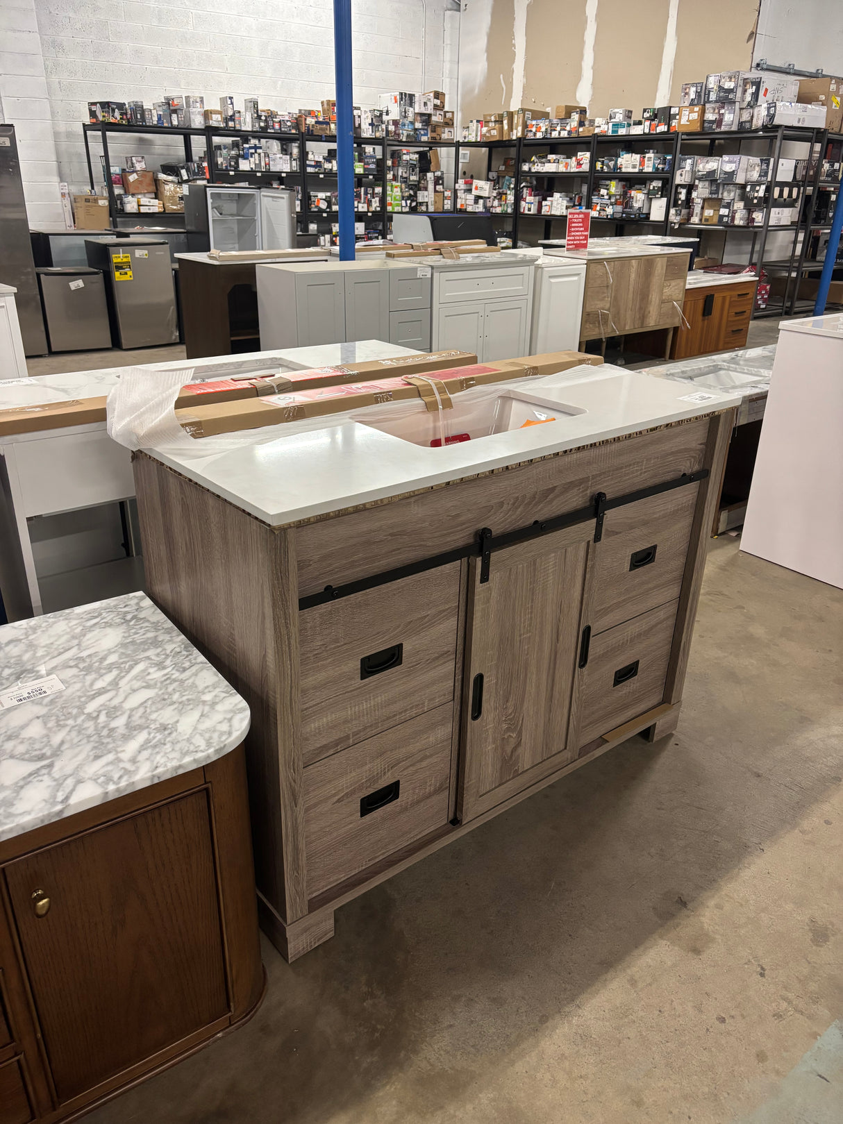 Brindley 48 in. W x 20 in. D x 34.5 in. H Barn Door Bath Vanity in Weathered Gray with Engineered Stone Top