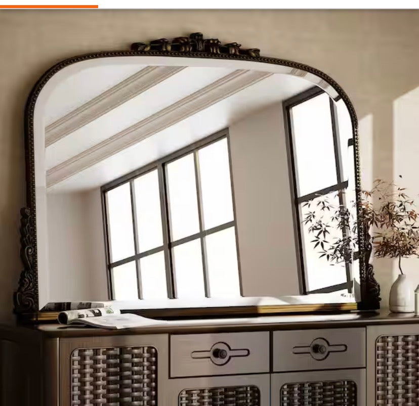 Antique Bronze 44 in. W x 32 in. H Arched Polyurethane Framed with Decoration Antique Vanity Wall Mirror