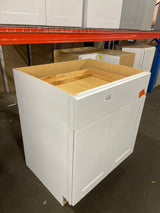 Shaker Satin White Stock Assembled Base Kitchen Cabinet with Ball-Bearing Drawer Glides (30 in. x 34.5 in. x 24 in.)