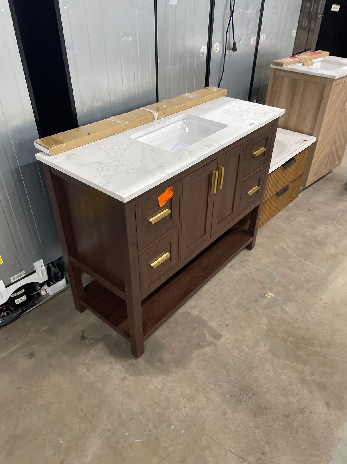 Sonia 43 in. Single Sink Freestanding Walnut Bath Vanity with White Engineered Stone Top and Backsplash Assembled