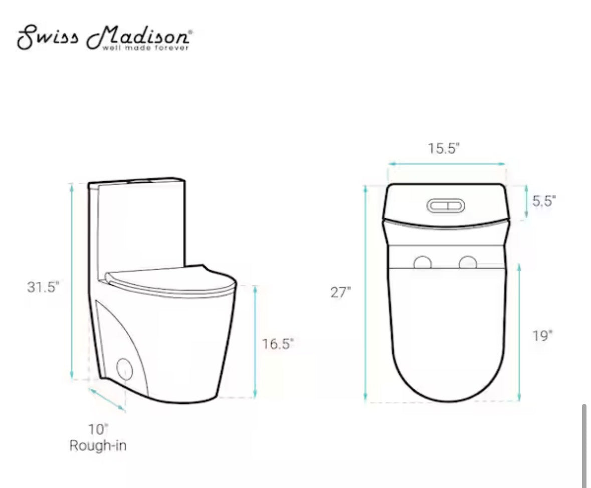 St. Tropez 10 in. 1-piece 1.1/1.6 GPF Dual Flush Elongated Toilet in Glossy White, Seat Included
