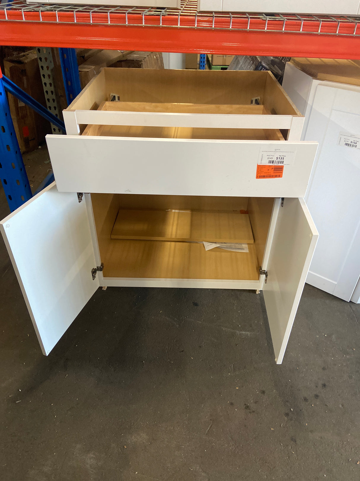 Shaker Satin White Stock Assembled Base Kitchen Cabinet with Ball-Bearing Drawer Glides (30 in. x 34.5 in. x 24 in.)