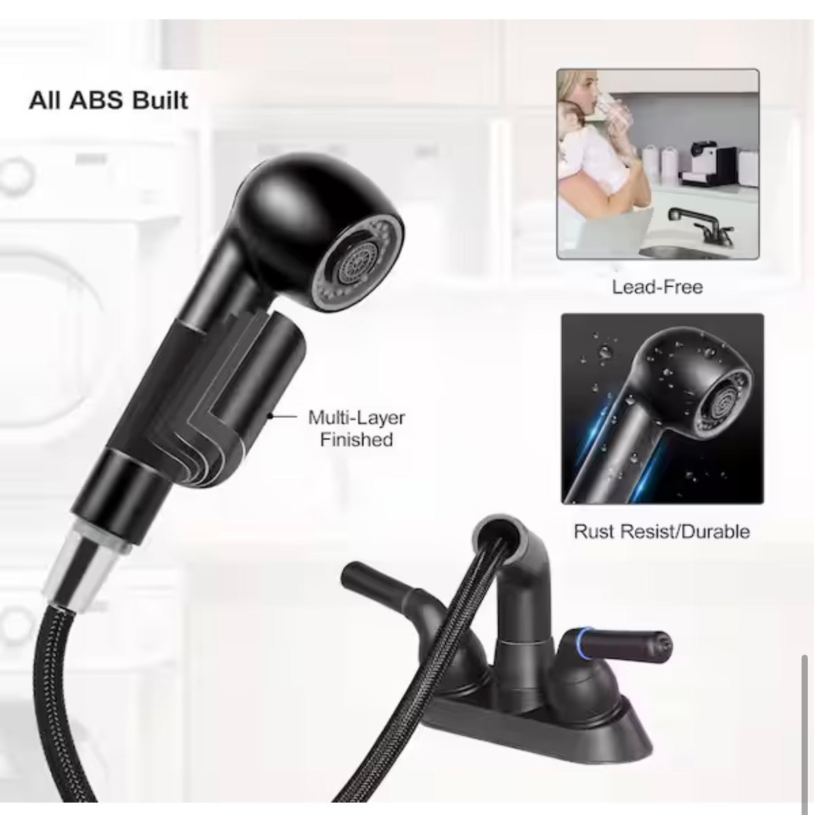 8 in. H x 10.1 in. W x 9.8 in. D Matte Black Utility Sink Faucet, Laundry Room Faucet with Pull Out Sprayer