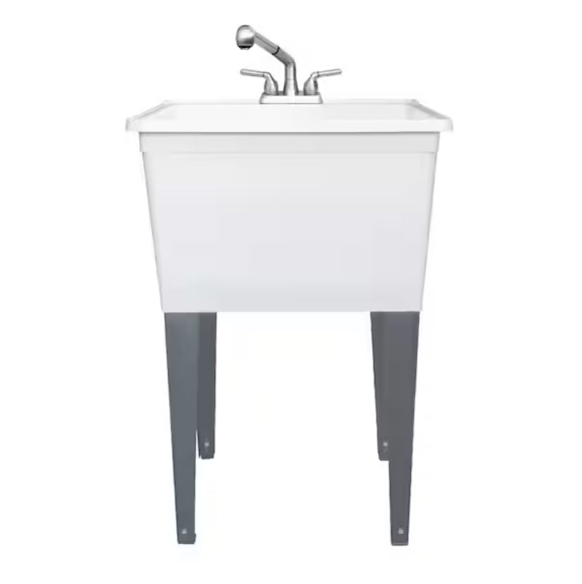 24.50 in. D x 22.5 in. W Freestanding Thermoplastic White 21 gal. Utility Tub with Grey Legs and Chrome Pullout Faucet
