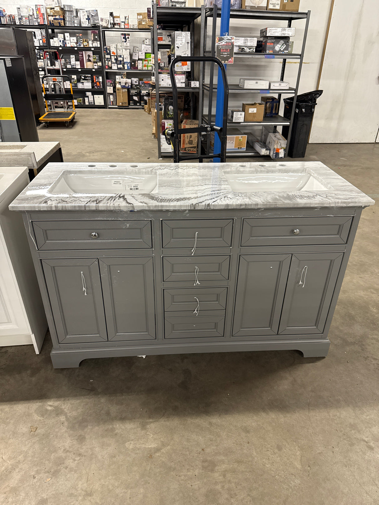 South Bay 55 in. Double Bath Vanity in Gray with Epoxied Marble Vanity Top in Carrara White with White Basin
