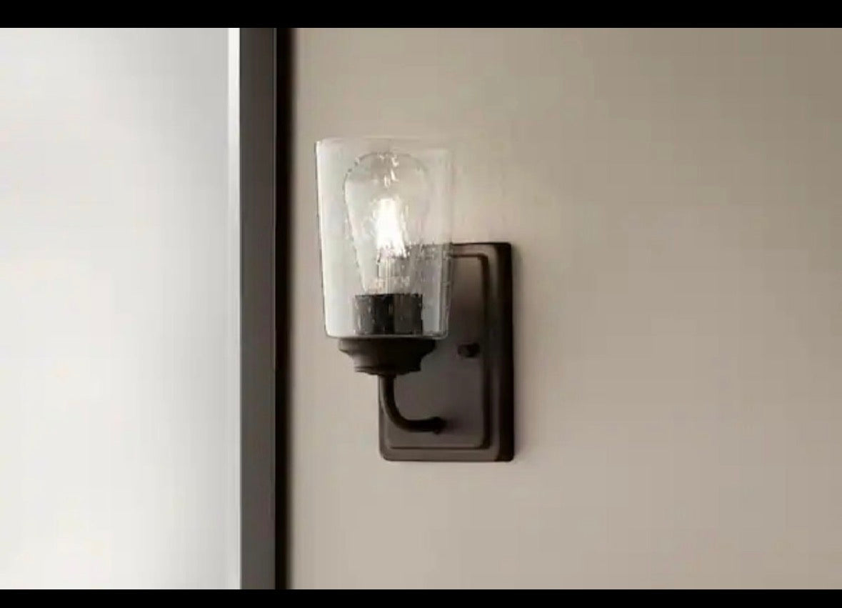 Evangeline 4.5 in. 1-Light Modern Bronze Indoor Wall Farmhouse Sconce with Clear Seeded Glass Shade