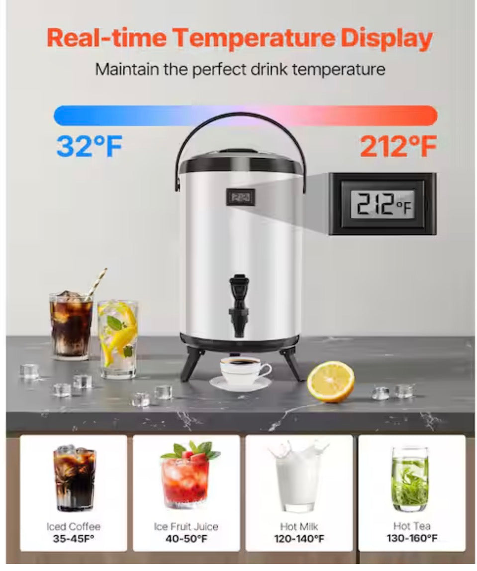 3.2 Gal. Stainless Steel Insulated Beverage Dispenser 2 Pack with Spigot and Temp Display for Hot & Cold Drinks in Cafes