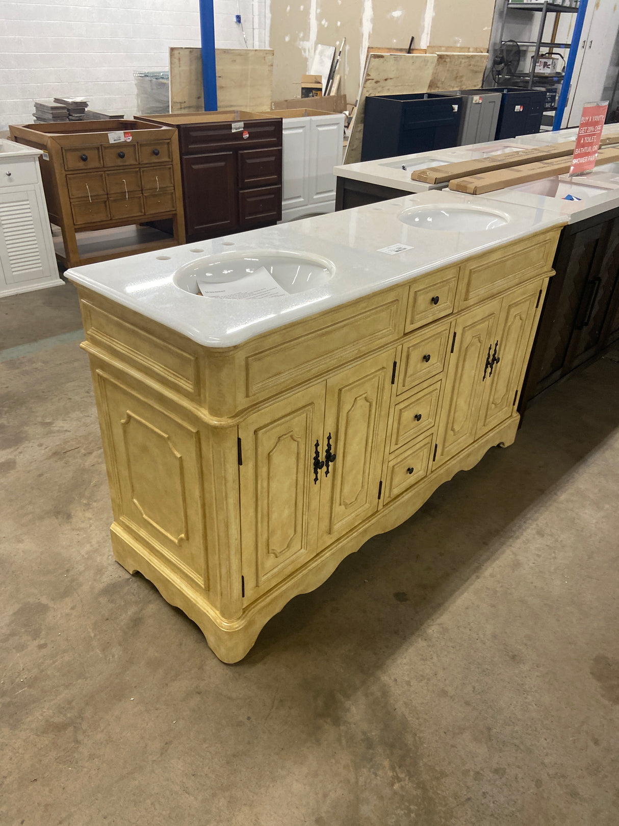 Simply Living 60 in. W x 21.5 in. D x 35 in. H Bath Vanity in Antique Beige with White Marble Top