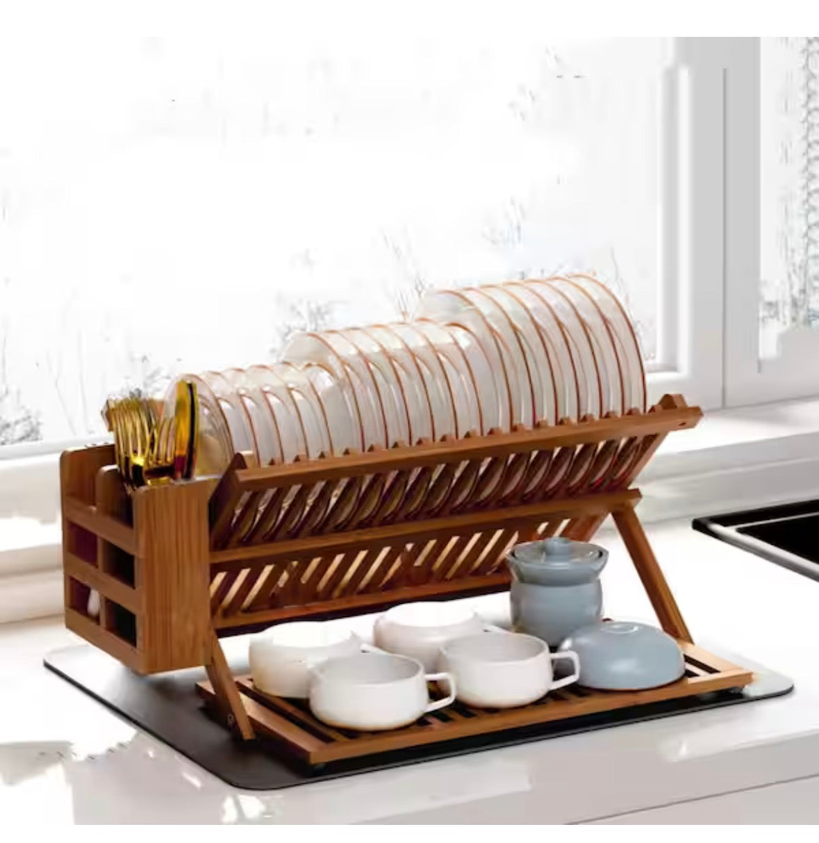Teak Bamboo Dish Drying Rack with Utensil Holder, 3-Tier Counter Collapsible Dish Rack with Absorbent Dish Drying Mat