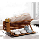 Teak Bamboo Dish Drying Rack with Utensil Holder, 3-Tier Counter Collapsible Dish Rack with Absorbent Dish Drying Mat