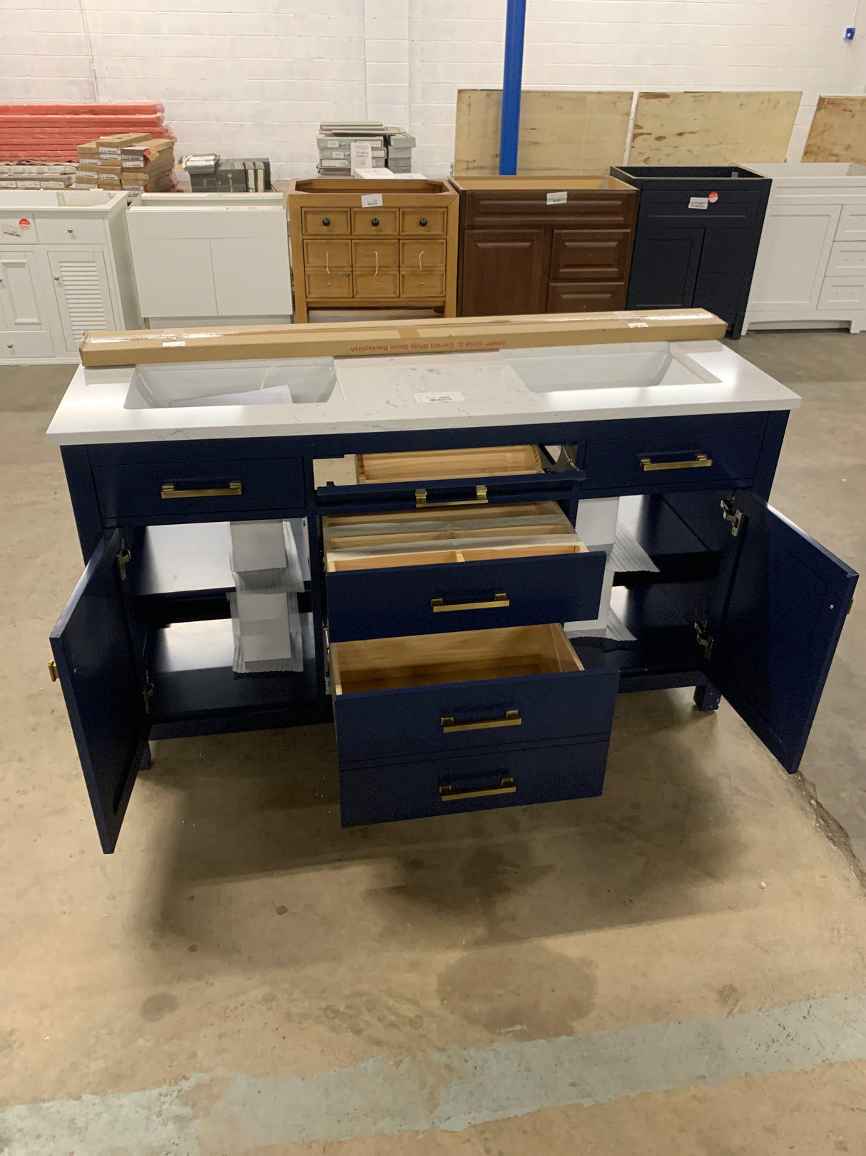 Jasper 60 in. W x 22 in. D Bath Vanity in Navy Blue with Engineered Stone Vanity in Carrara White with White Sinks