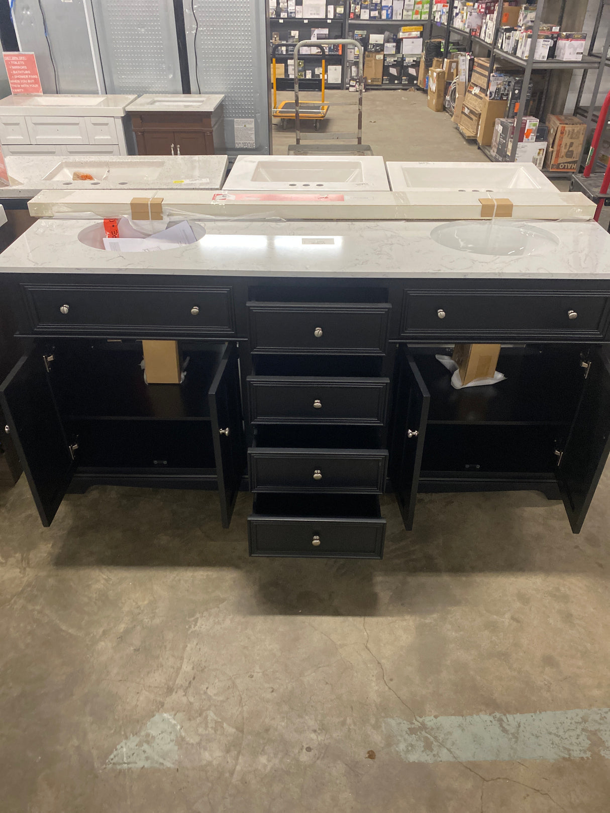 Fremont 72 in. Double Sink Black Bath Vanity with White Engineered Marble Top (Assembled)