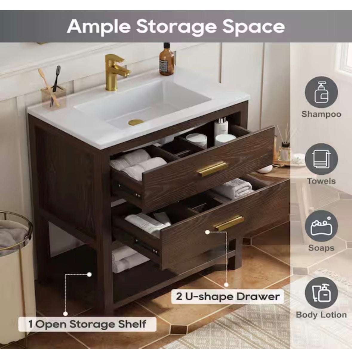 Magen 31 in. Single Sink Bath Vanity in Walnut with White Engineered Solid Surface Top and 2 Drawers (Unassembled)