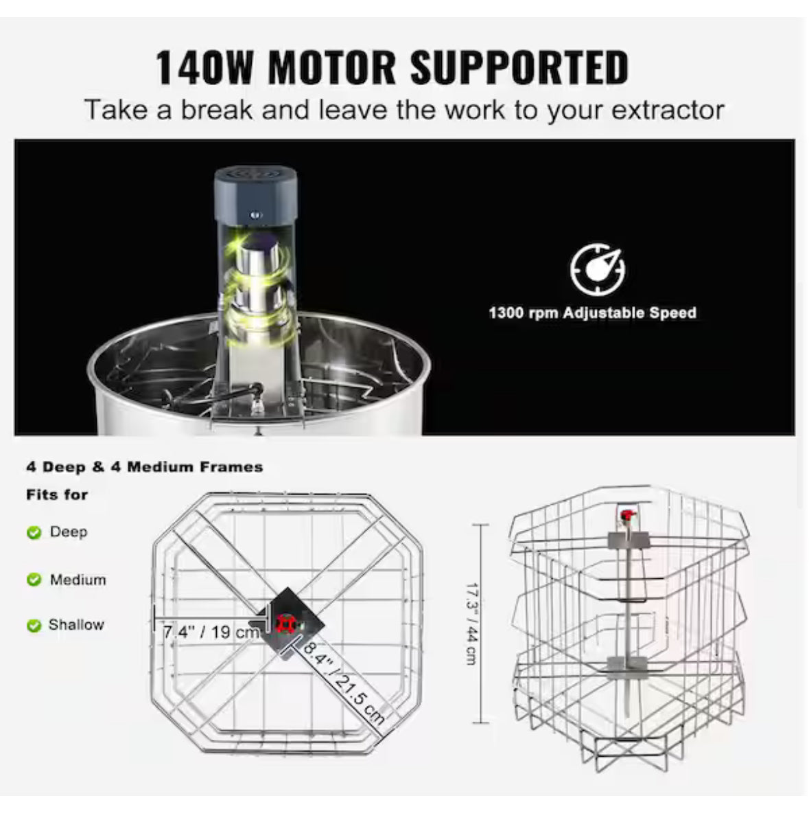 Electric Honey Extractor, 4/8 Frames Stainless Steel Spinner for Beekeeping, Height Adjustable Stand