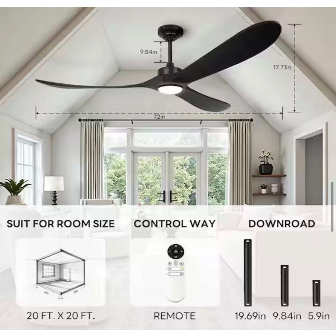 72 in. Indoor/Outdoor Farmhouse Black Ceiling Fans with Light and Remote, 3-Solid Wood Blades, 6-Adjustable Speeds