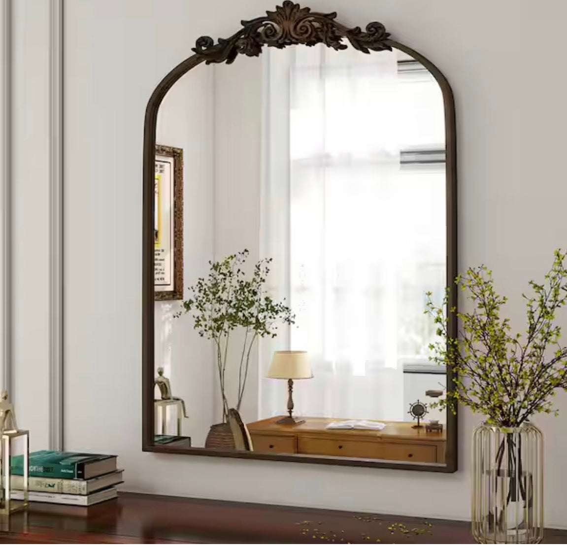 Antique Bronze 30 in. W x 40 in. H Arched Aluminum Alloy Frame with Ornate Carved Decoration Vanity Wall Mirror