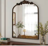 Antique Bronze 30 in. W x 40 in. H Arched Aluminum Alloy Frame with Ornate Carved Decoration Vanity Wall Mirror