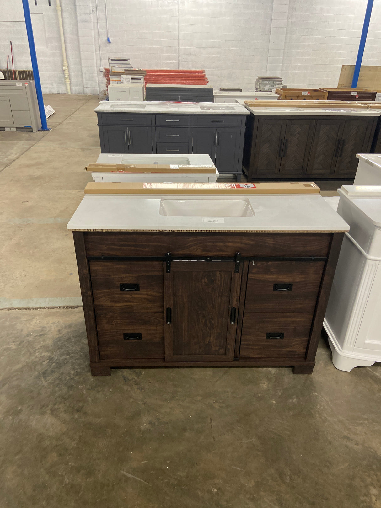 Brindley 48 in. W x 20 in. D x 34.5 in. H Barn Door Bath Vanity in Dark Walnut with Engineered Stone Top