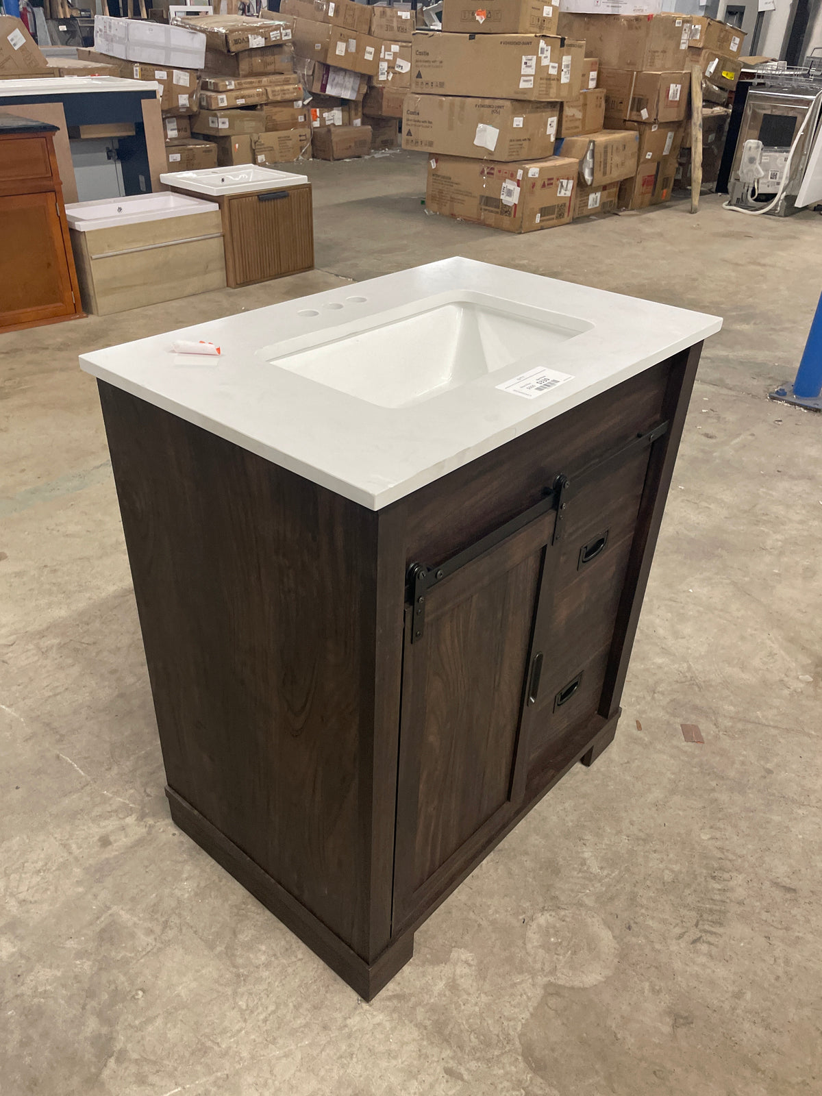 Brindley 30 in W x 20 in D x 35 in H Single Sink Freestanding Vanity in Dark Walnut w/ Veined White Engineered Stone Top