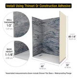 Nacarado Blue 32 in. x 60 in. x 84 in. Solid Composite Stone Alcove Shower Kit with Walls and White Pan Base L/R Drain