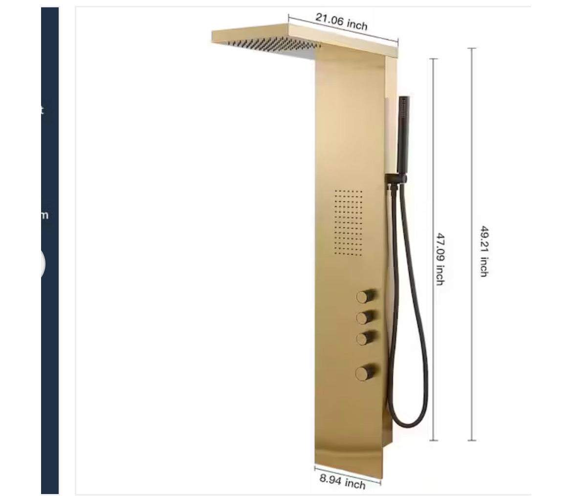 1-Jet Rainfall Shower Tower Shower Panel System with Rainfall Waterfall Shower Head and Shower Wand in Brushed Gold