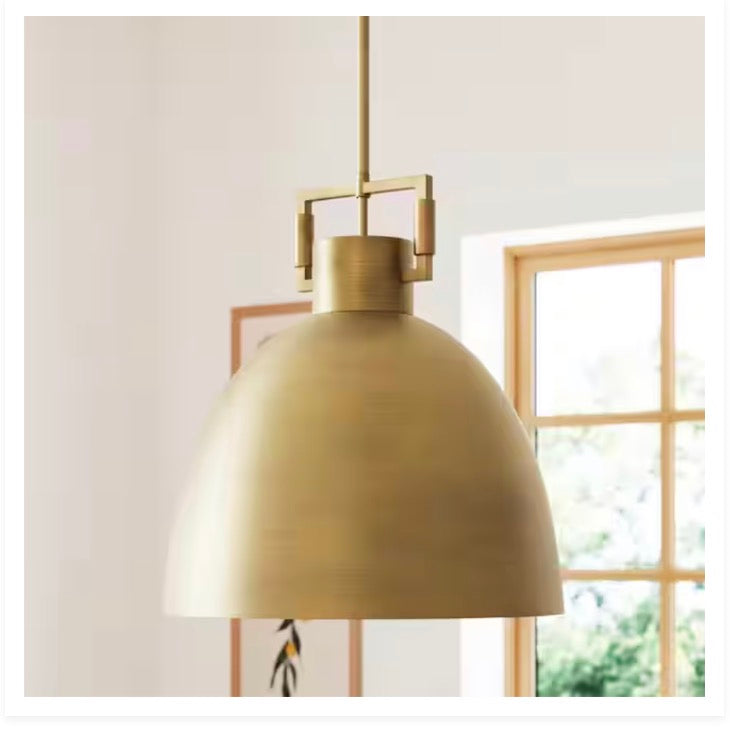 Leigh 1-Light Antiqued Brass Shaded Pendant Light with and Hanging Ceiling Metal Shade Adjustable Cord, for Kitchen