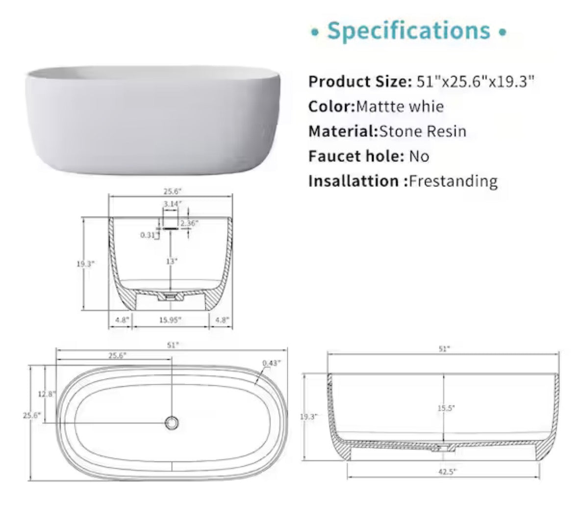 Moray 51 in. x 25 in. Solid Surface Stone Resin Flatbottom Freestanding Double Slipper Soaking Bathtub in Matte White