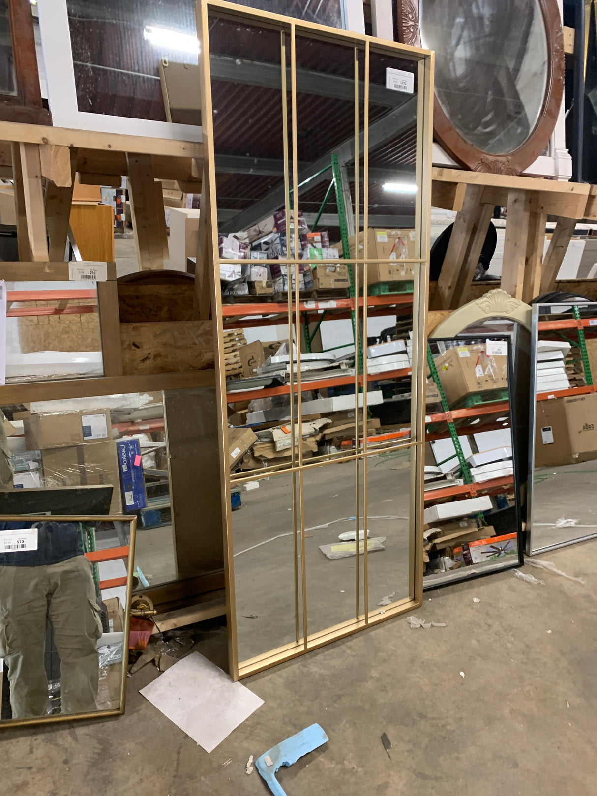 Oversized Gold Metal Frame Windowpane Classic Floor Mirror (70 in. H x 29 in. W)