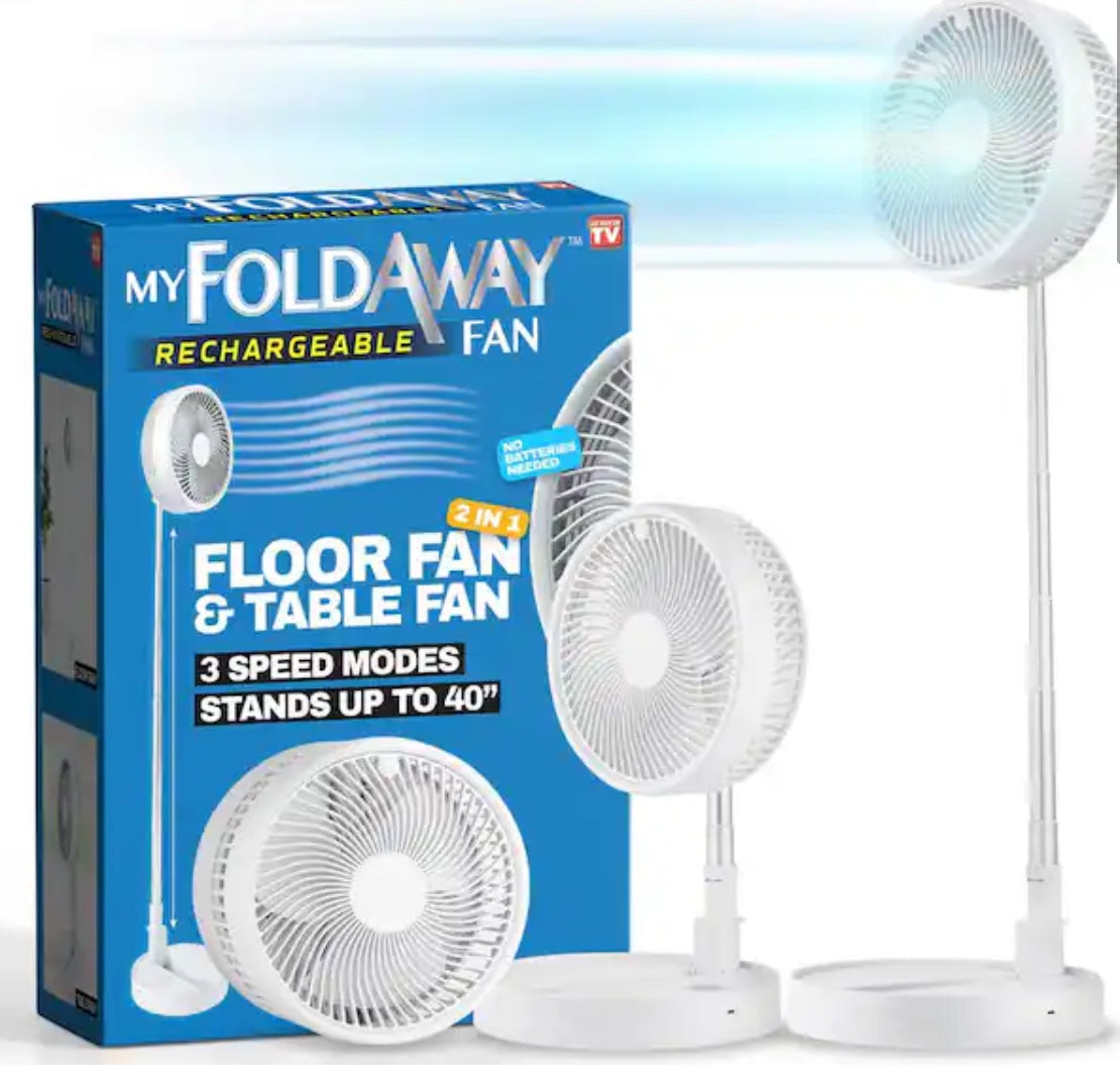 2-in-1 Adjustable Height 40 in. Unique Foldable and Portable My Foldaway Rechargeable Floor and Table Fan