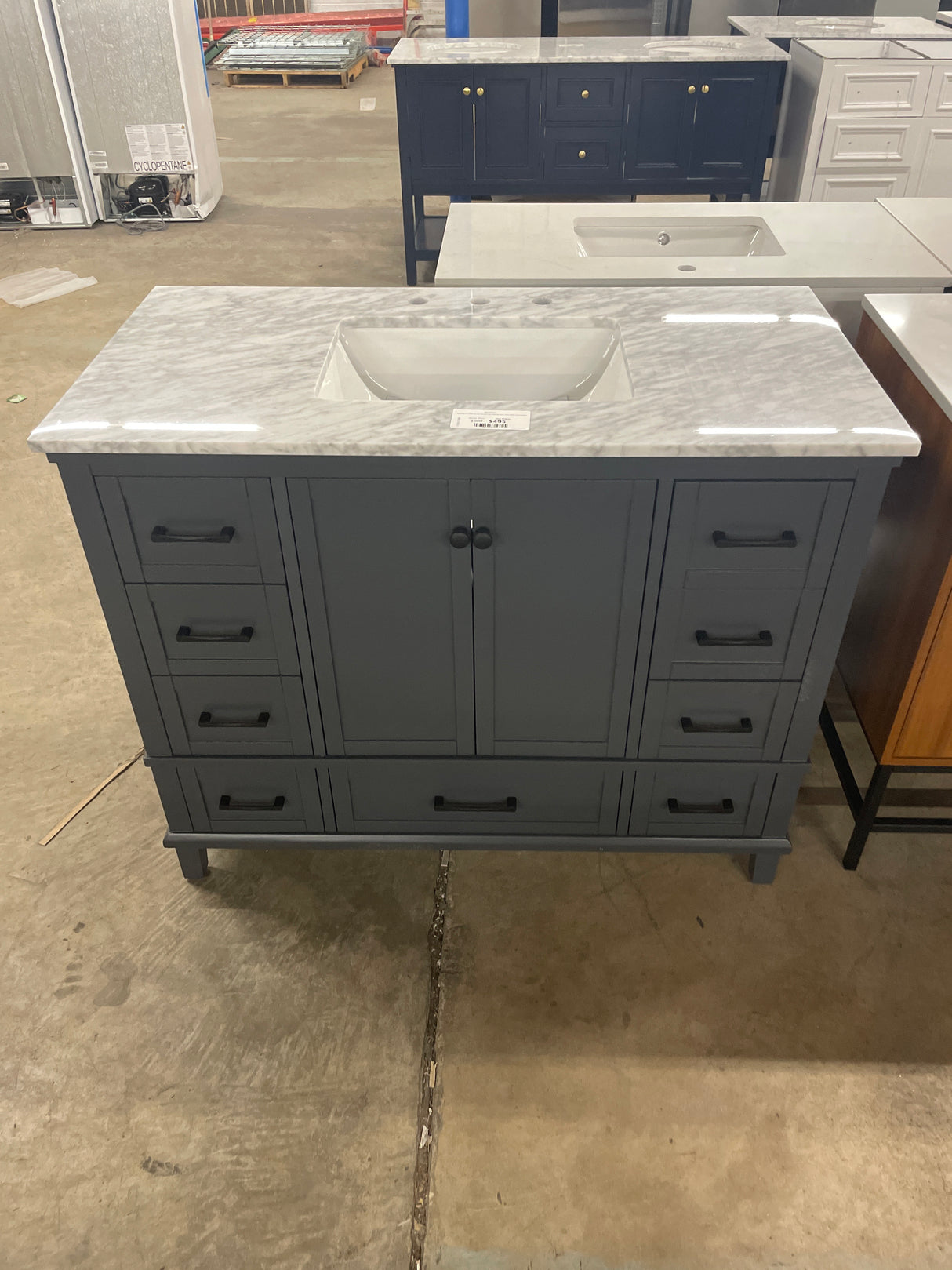 Merryfield 43 in. Single Sink Dark Blue-Grey Bath Vanity with White Carrara Marble Top (Assembled)