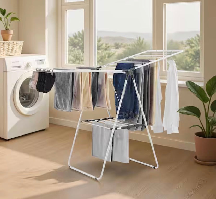 2-Tier Foldable Laundry Dryer Rack with 21 Drying Rods, Sock Clips, Metal Height-Adjustable, White